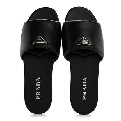 Prada Soft Nappa Metal Triangle Logo Slide Sandals 39 Black 2 of 11