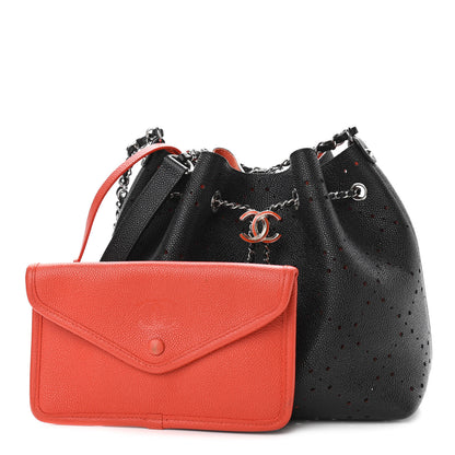 Chanel Caviar Perforated Drawstring CC Bag Black Orange 1 of 13