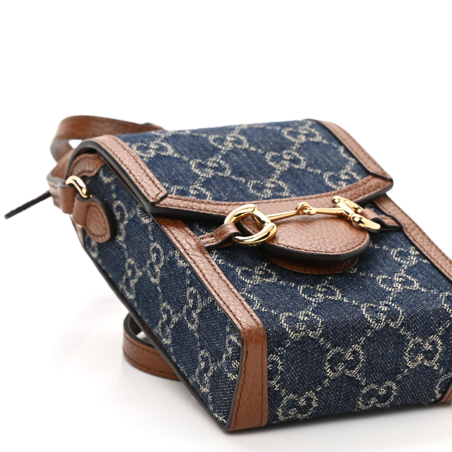 New Denim GG Monogram Dollar Calfskin Mini Horsebit 1955 Crossbody Bag Blue Tea Cuir Epilog