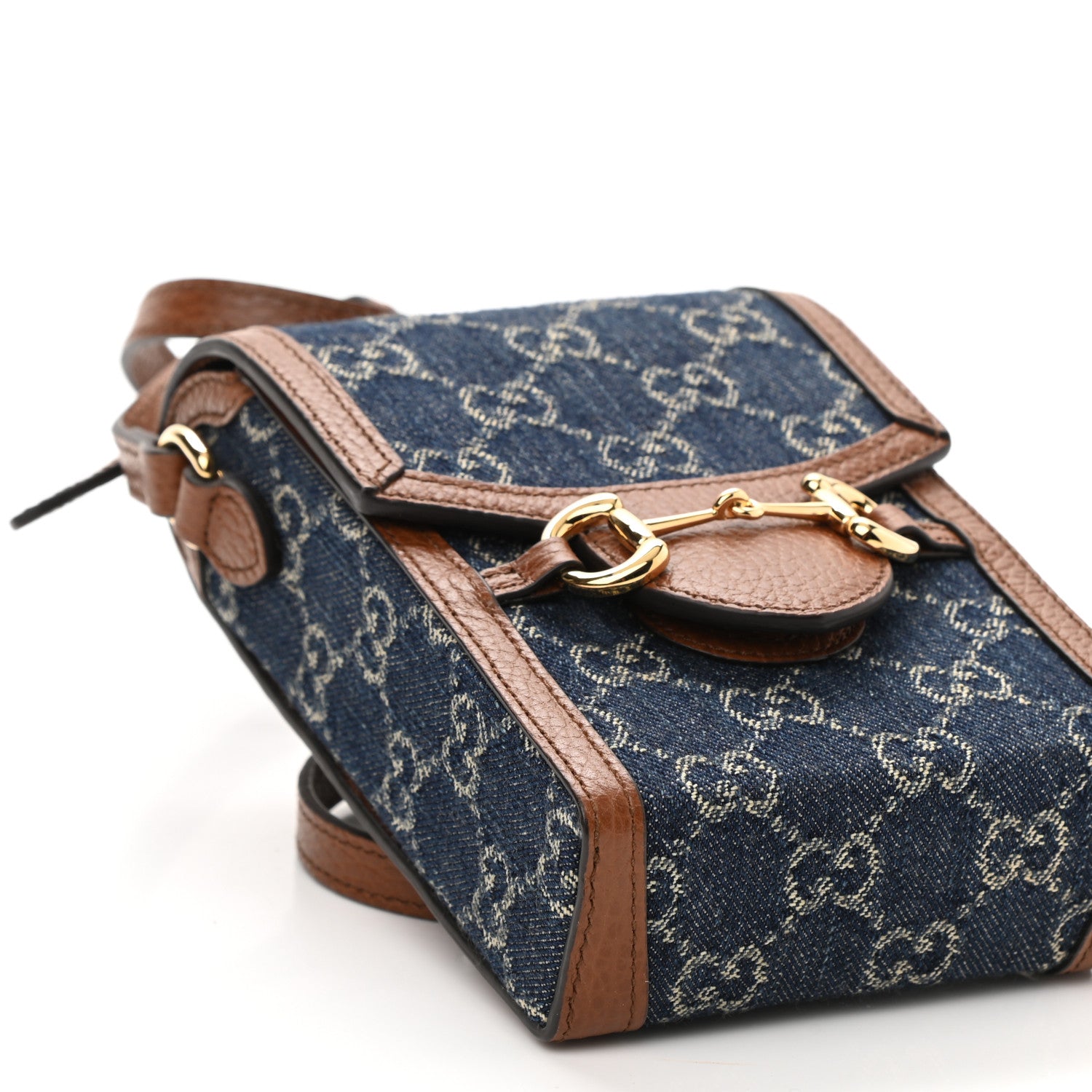 Gucci New Denim GG Monogram Dollar Calfskin Mini Horsebit 1955 Crossbody Bag Blue Tea Cuir Epilog 9 of 10