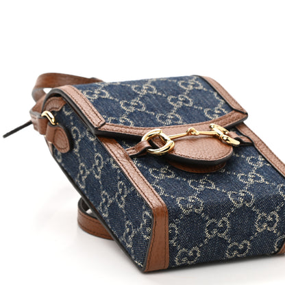 Gucci New Denim GG Monogram Dollar Calfskin Mini Horsebit 1955 Crossbody Bag Blue Tea Cuir Epilog 9 of 10