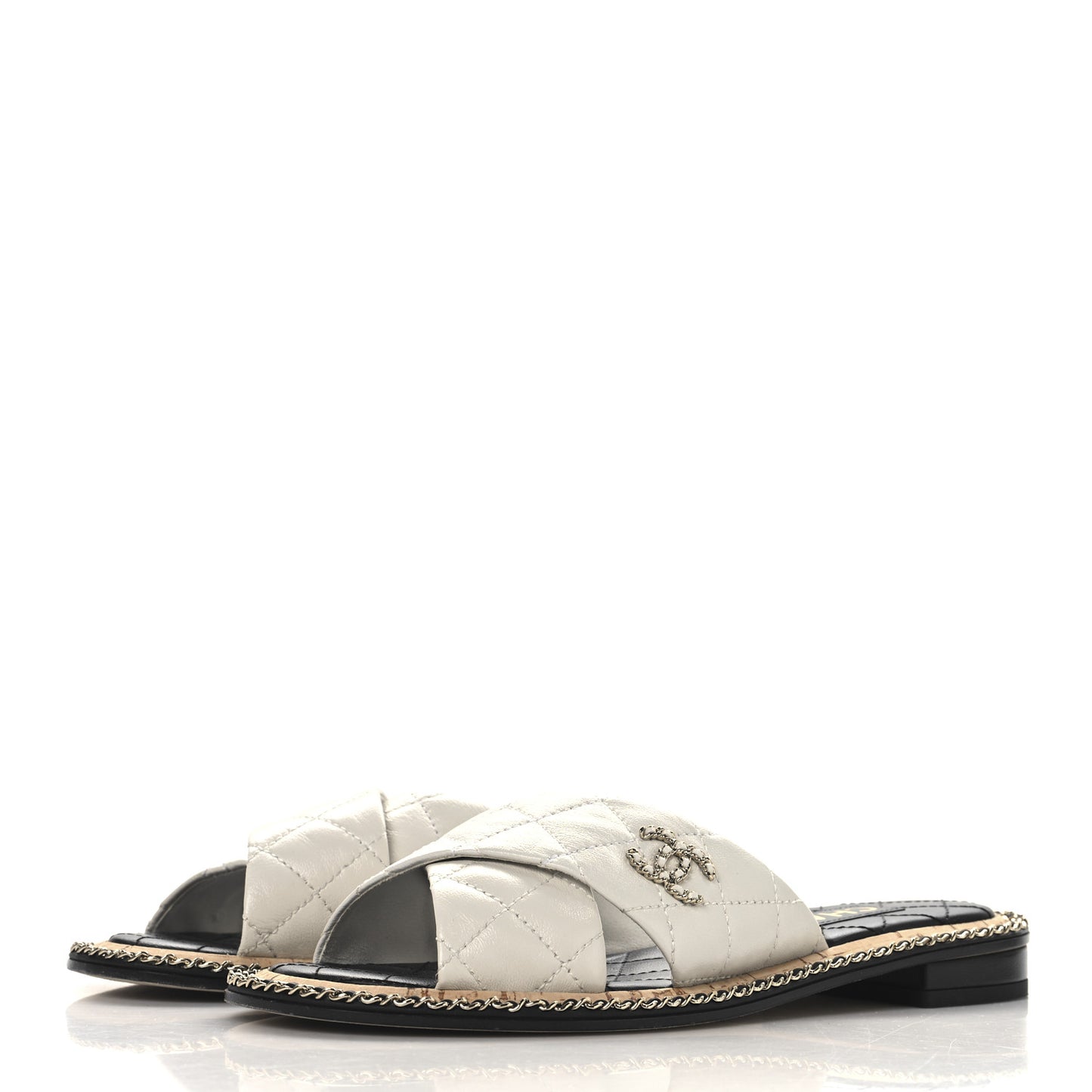 Shiny Lambskin Quilted  Metal Chain CC Sandals 36 White