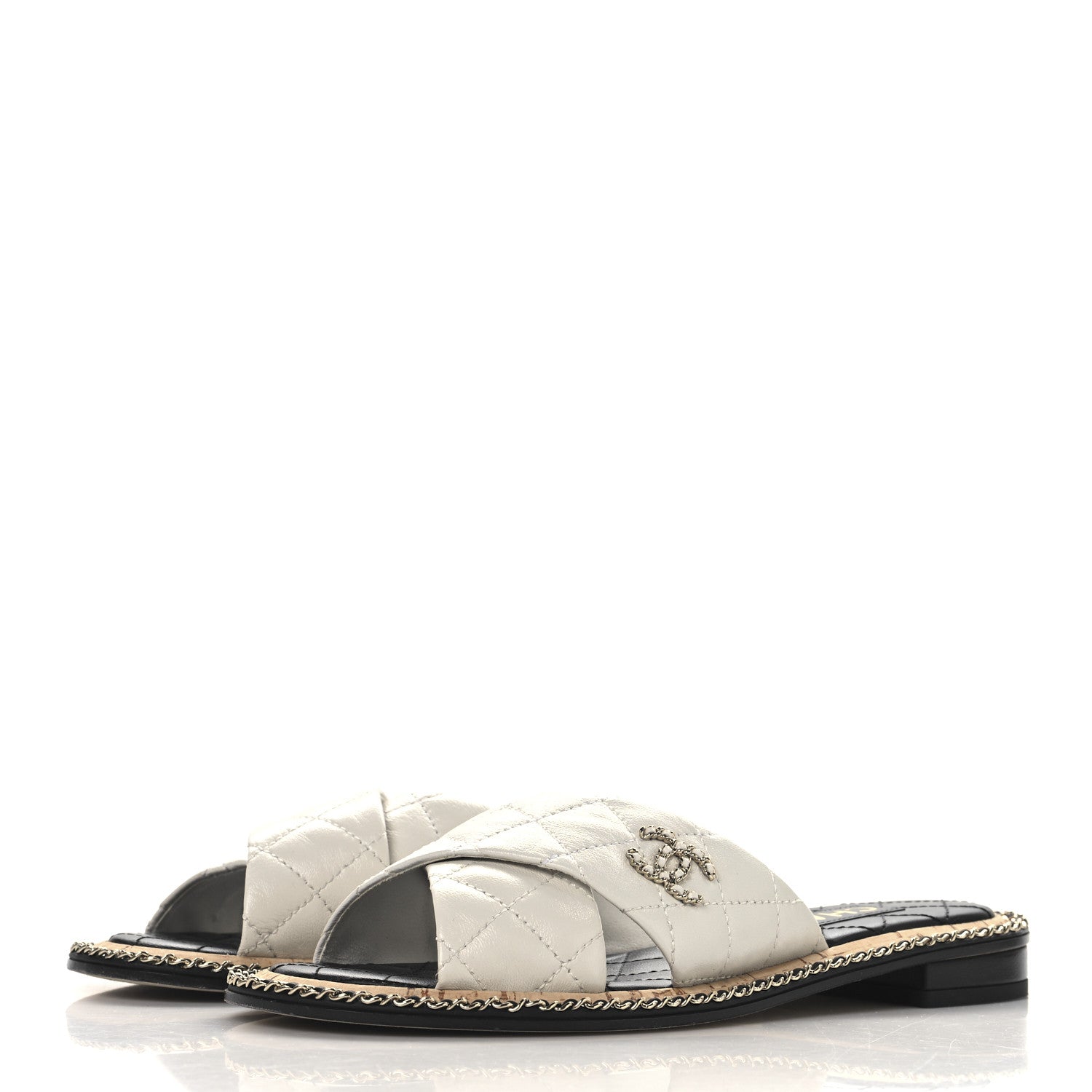 Chanel Shiny Lambskin Quilted  Metal Chain CC Sandals 36 White 4 of 10