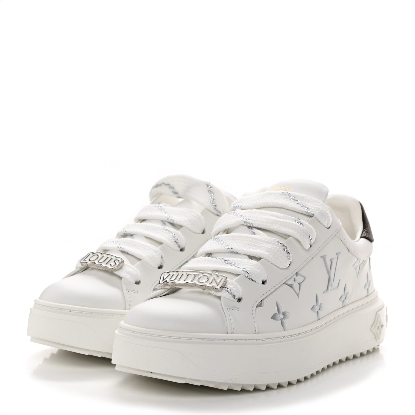 Calfskin Monogram Debossed Time Out Sneakers 35 White Silver
