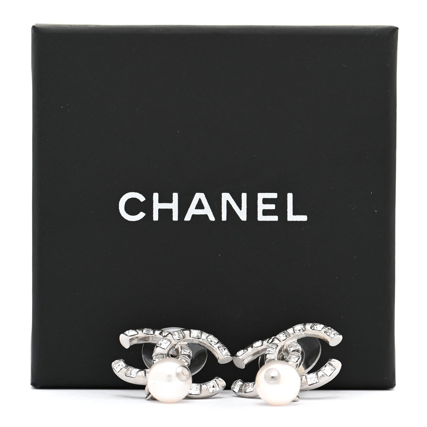 Crystal Baguette Pearl CC Drop Earrings Silver