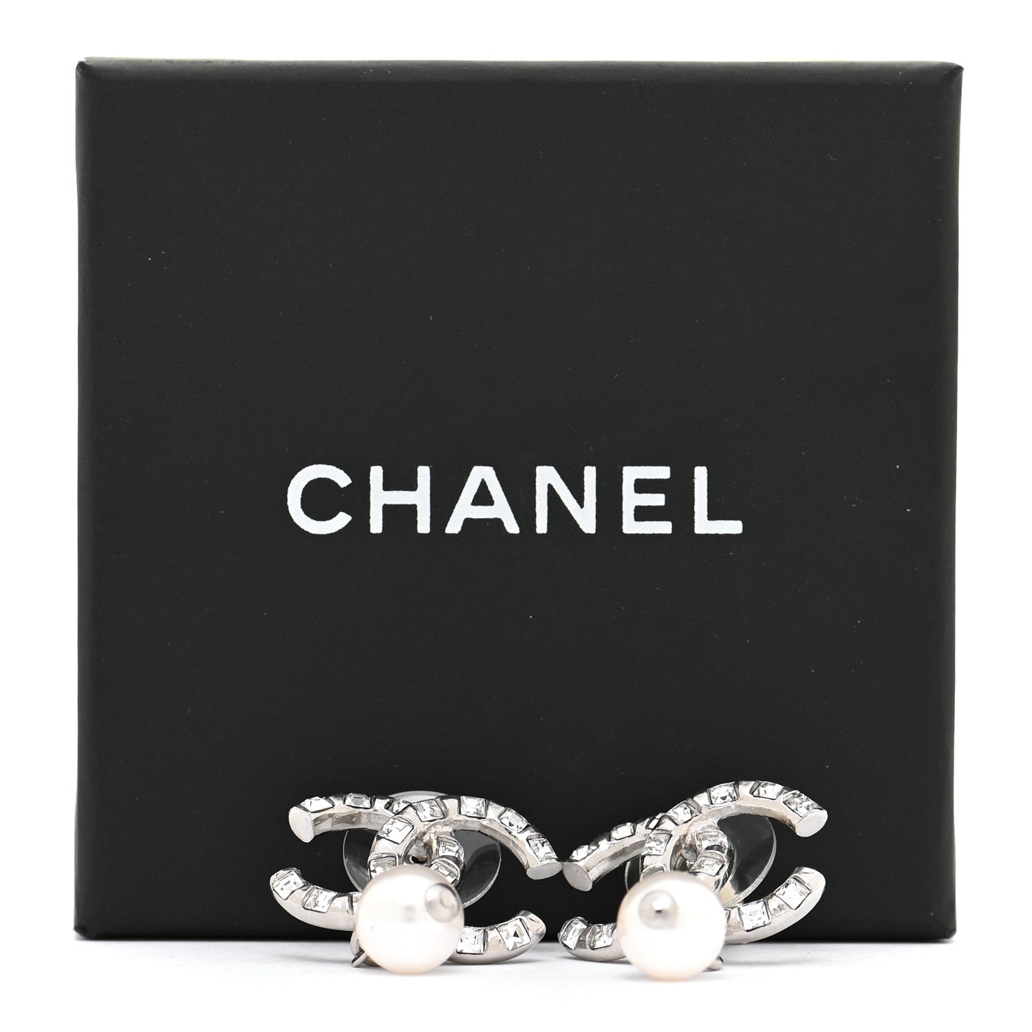 Chanel Crystal Baguette Pearl CC Drop Earrings Silver 5 of 5