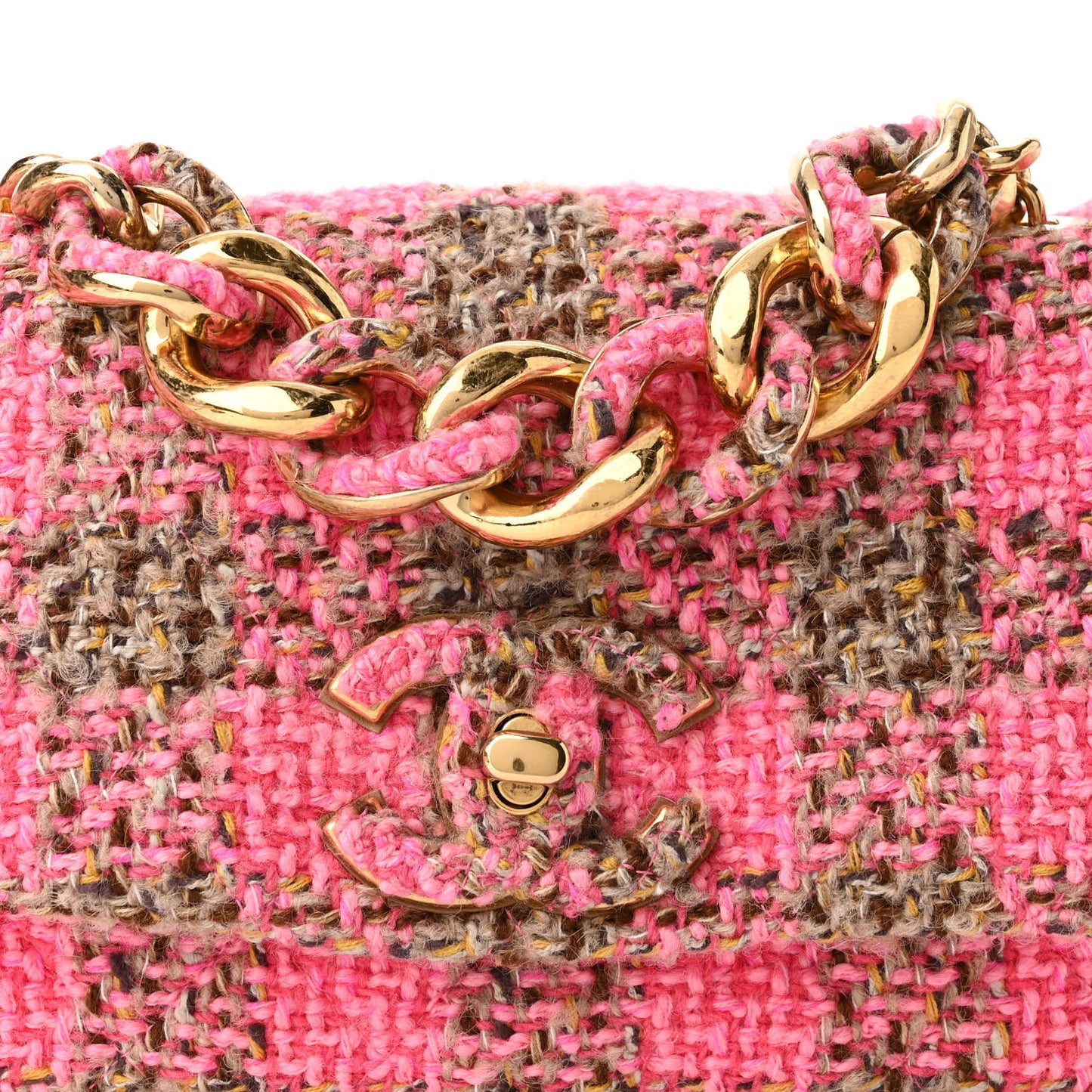 Wool Tweed Quilted Small Elegant Chain Flap Pink Brown