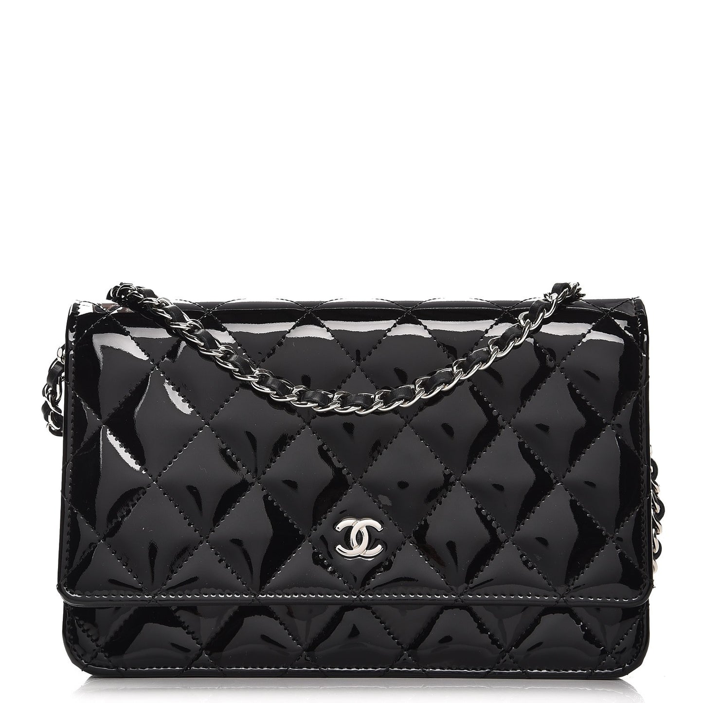 Patent Quilted Wallet On Chain WOC Black