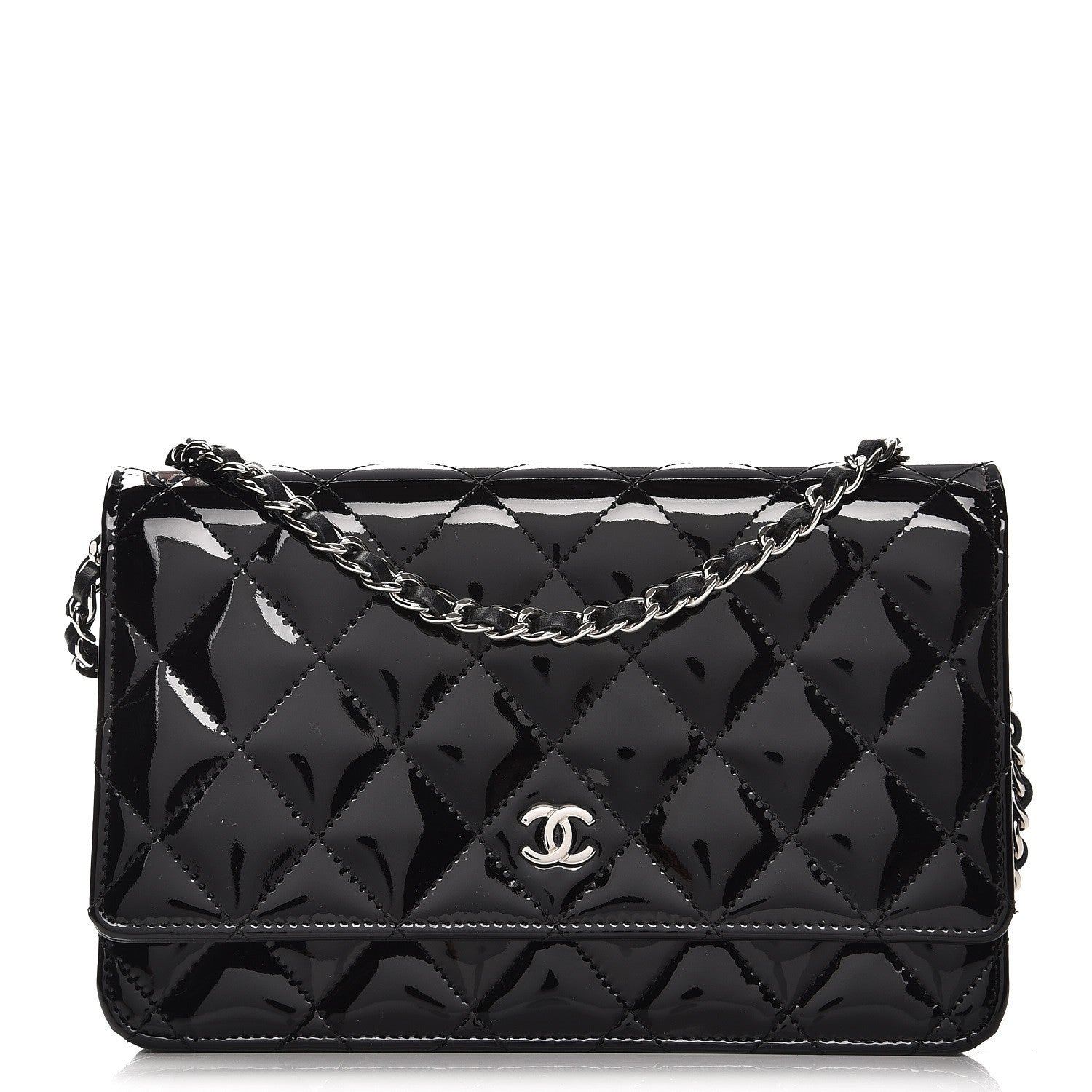 Chanel Patent Quilted Wallet On Chain WOC Black 1 of 9