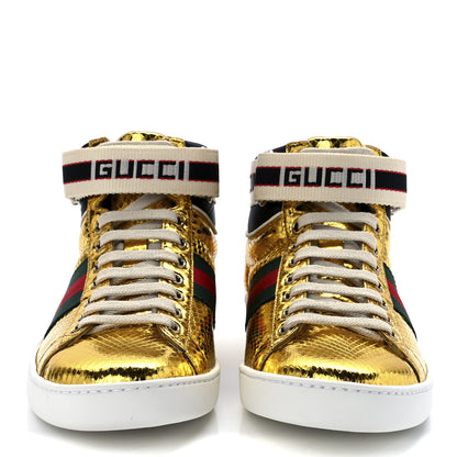Gucci Metallic Ayers Web Womens New Ace Stripe High Top Sneakers 37.5 Oro 2 of 11