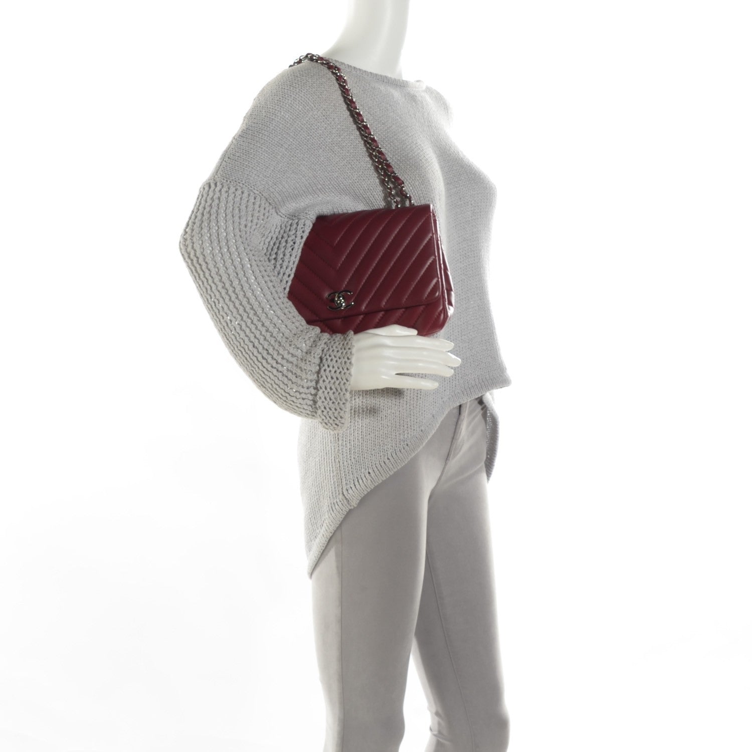 Chanel Lambskin Surpique Chevron Medium Single Flap Dark Red 2 of 8