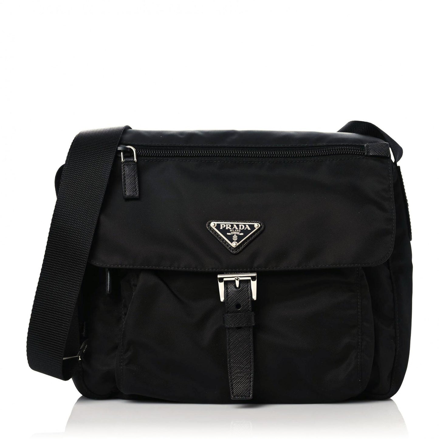 Nylon Vela Saffiano Single Buckle Messenger Shoulder Bag Black