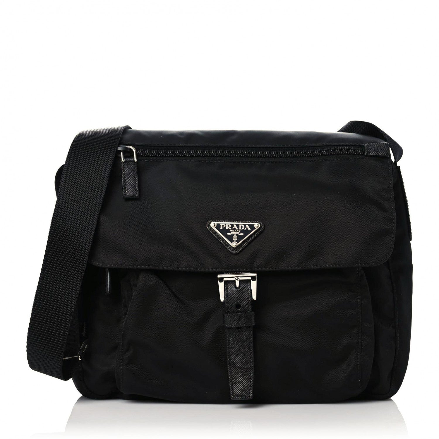 Prada Nylon Vela Saffiano Single Buckle Messenger Shoulder Bag Black 1 of 8