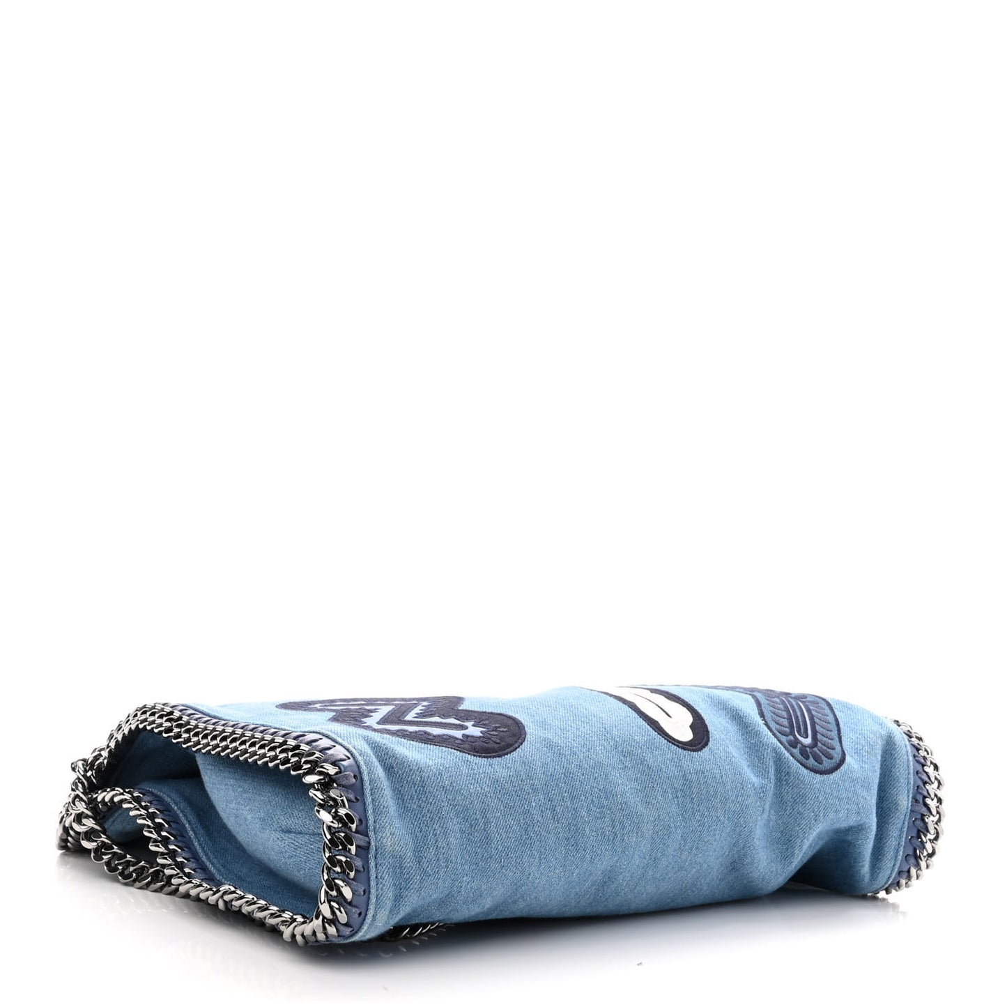 Eco Denim Embroidered Zigarette Falabella Fold Over Tote Blue