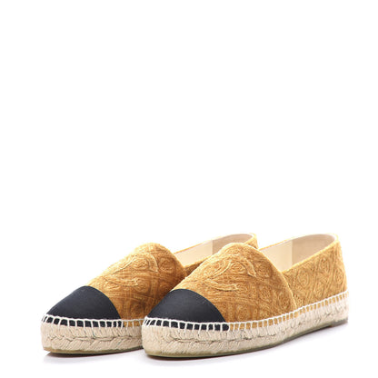 Chanel Velvet Grosgrain Quilted Camellia CC Espadrilles 38 Gold Black 3 of 11
