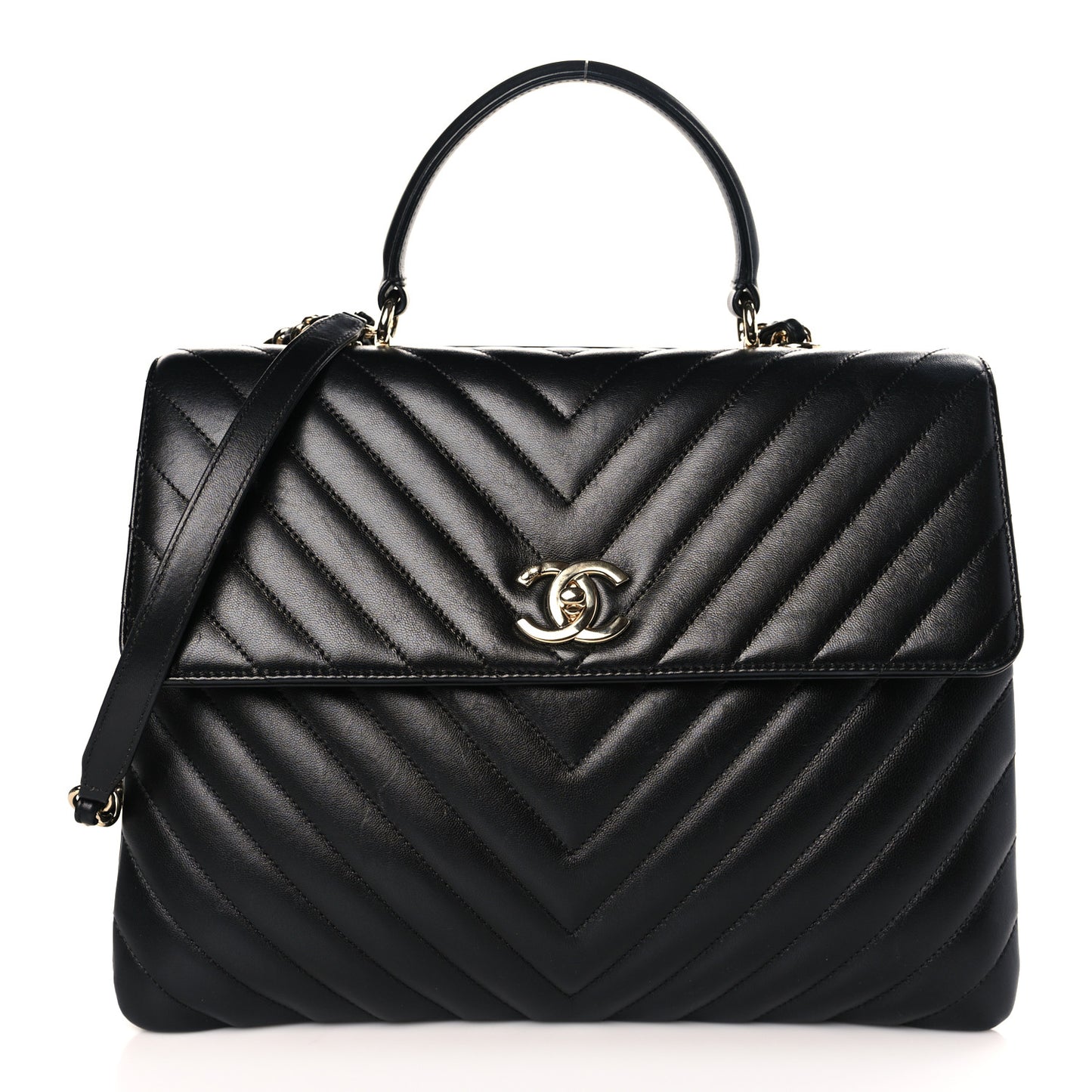 Lambskin Chevron Quilted Large Trendy CC Dual Handle Flap Bag Black