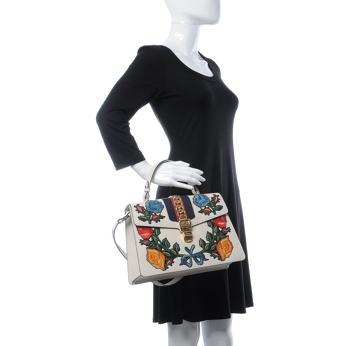 Calfskin Embroidered Medium Sylvie Top Handle Bag White
