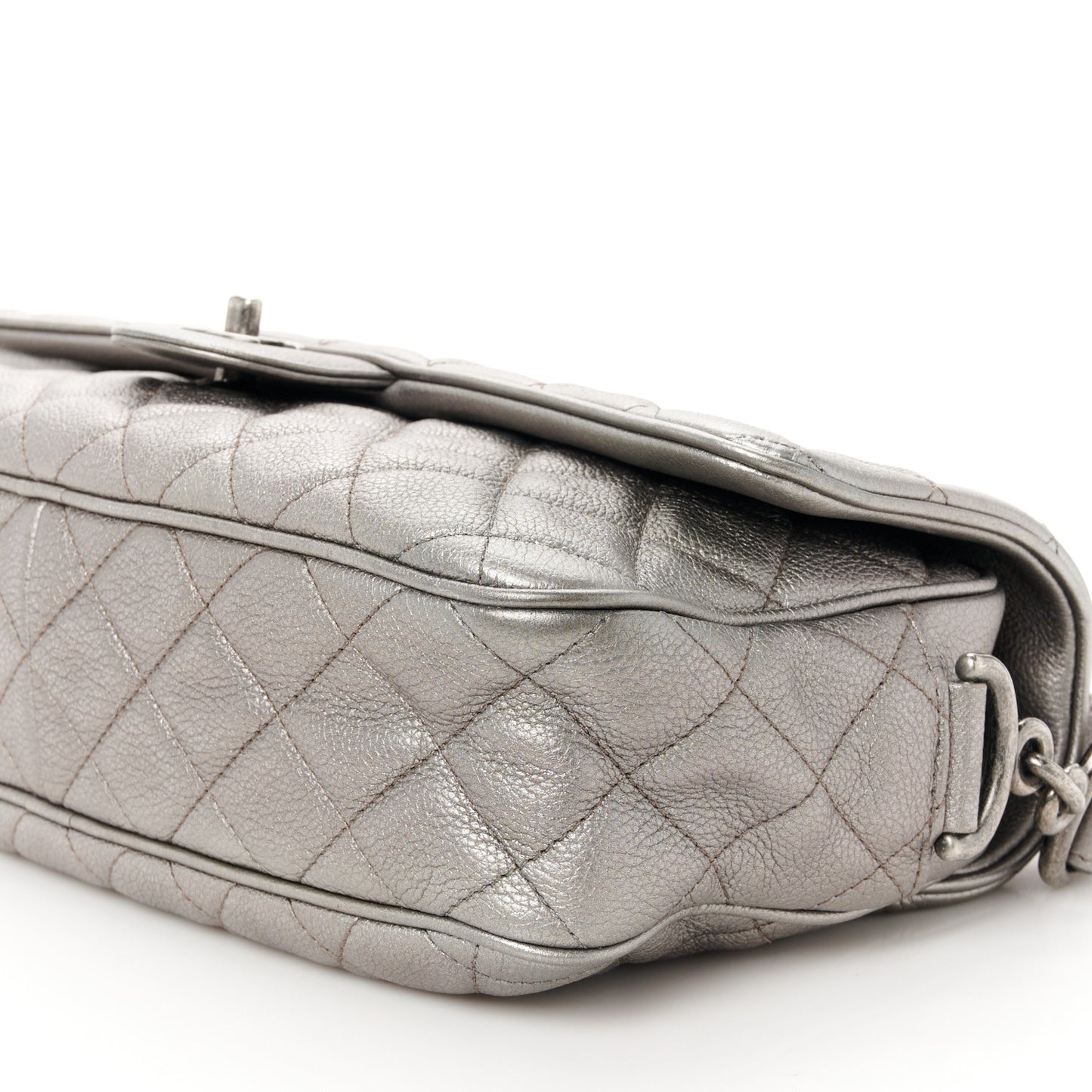 Metallic Calfskin Quilted Medium Casual Rock Flap Silver