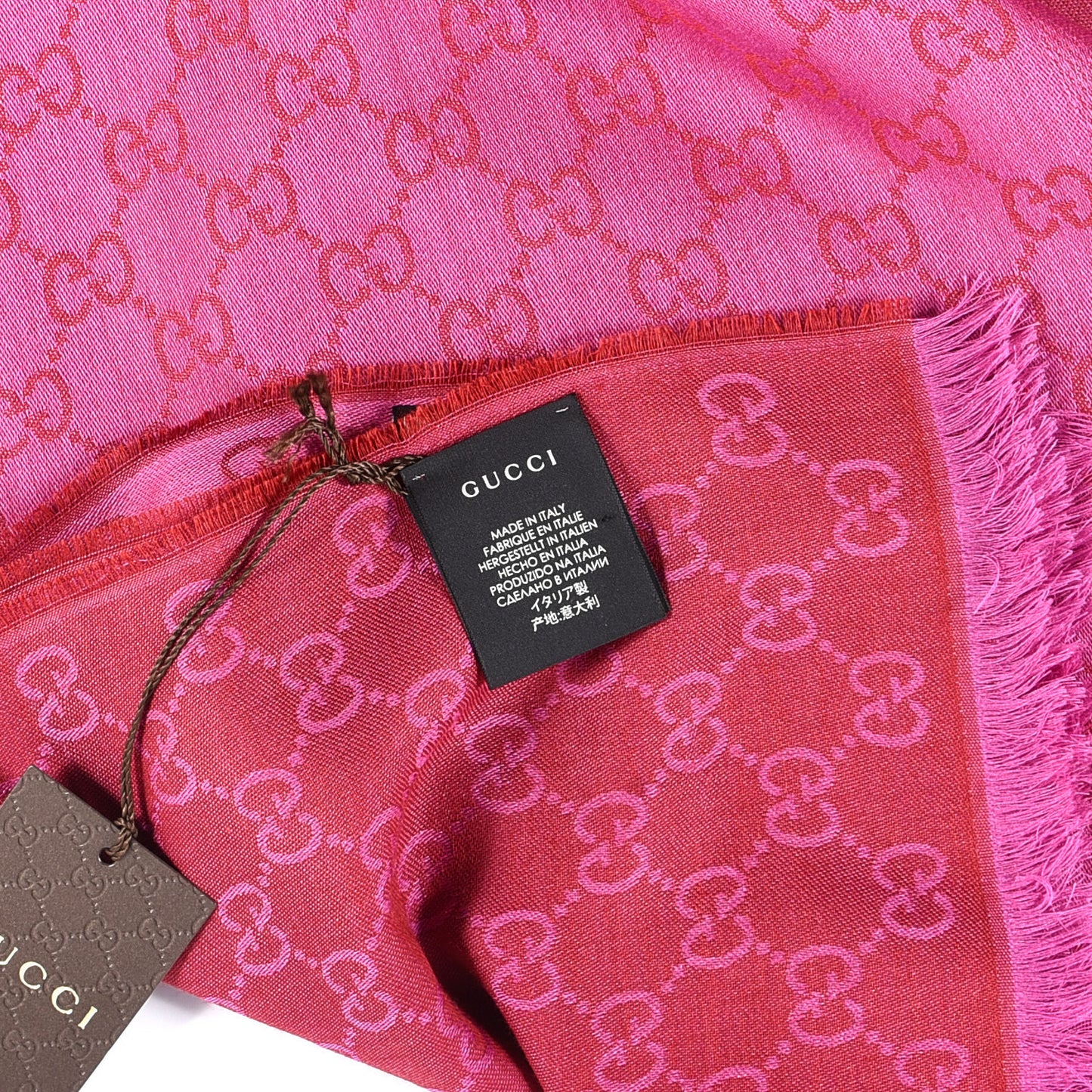 Wool Silk GG Monogram GGWeblong Fringe Scarf Shawl Red Pink
