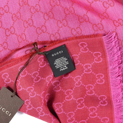 Gucci Wool Silk GG Monogram GGWeblong Fringe Scarf Shawl Red Pink 4 of 4