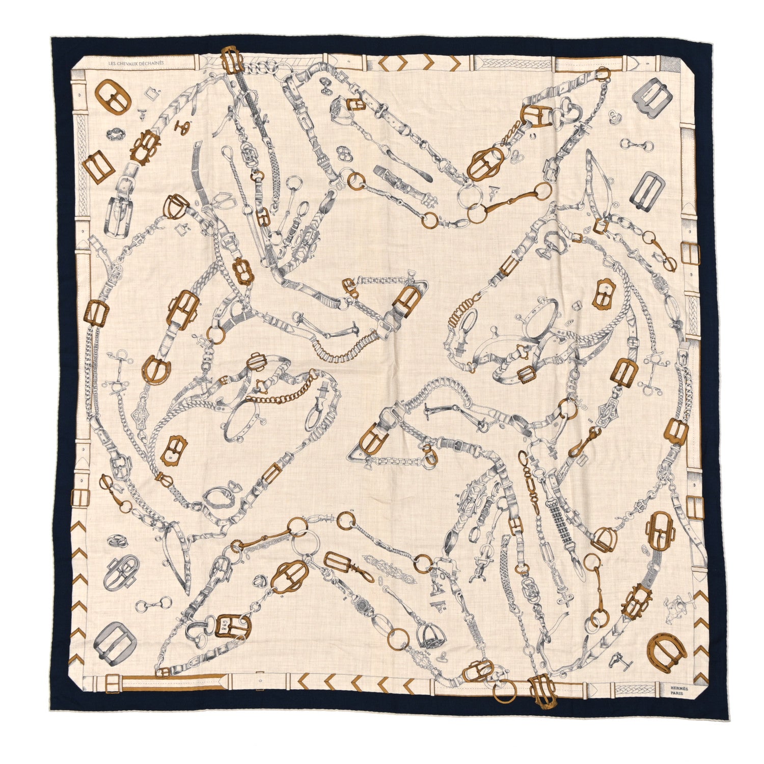 Hermes Cashmere Silk Chevaux Dechaines Shawl 140 Marine Naturel Gris 1 of 7