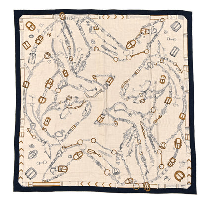 Hermes Cashmere Silk Chevaux Dechaines Shawl 140 Marine Naturel Gris 1 of 7