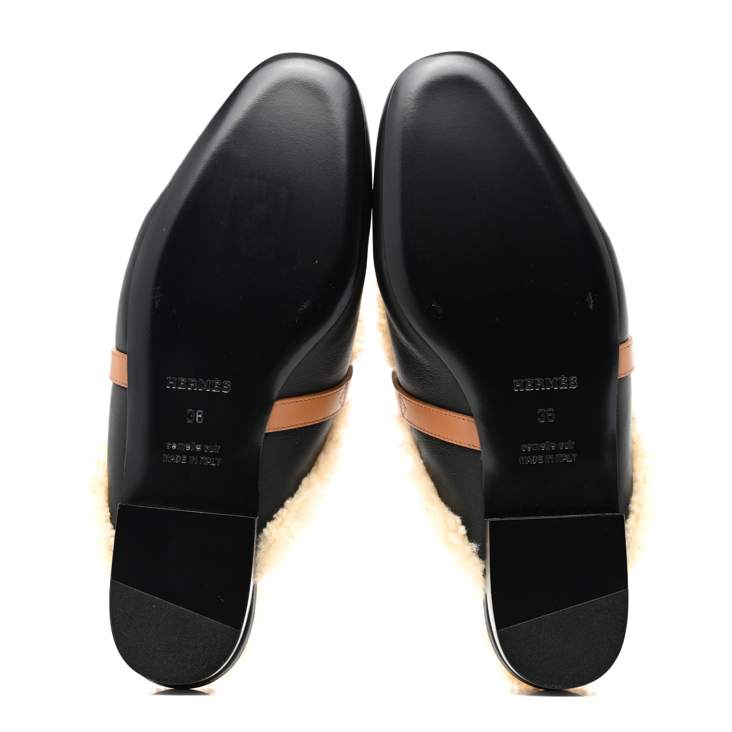 Hermes Shearling Calfskin Womens Oz Mules 36 Naturel Black 5 of 10