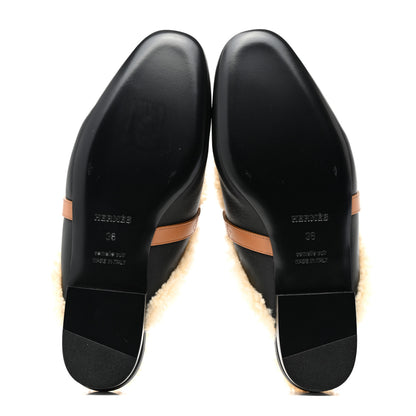 Hermes Shearling Calfskin Womens Oz Mules 36 Naturel Black 5 of 10