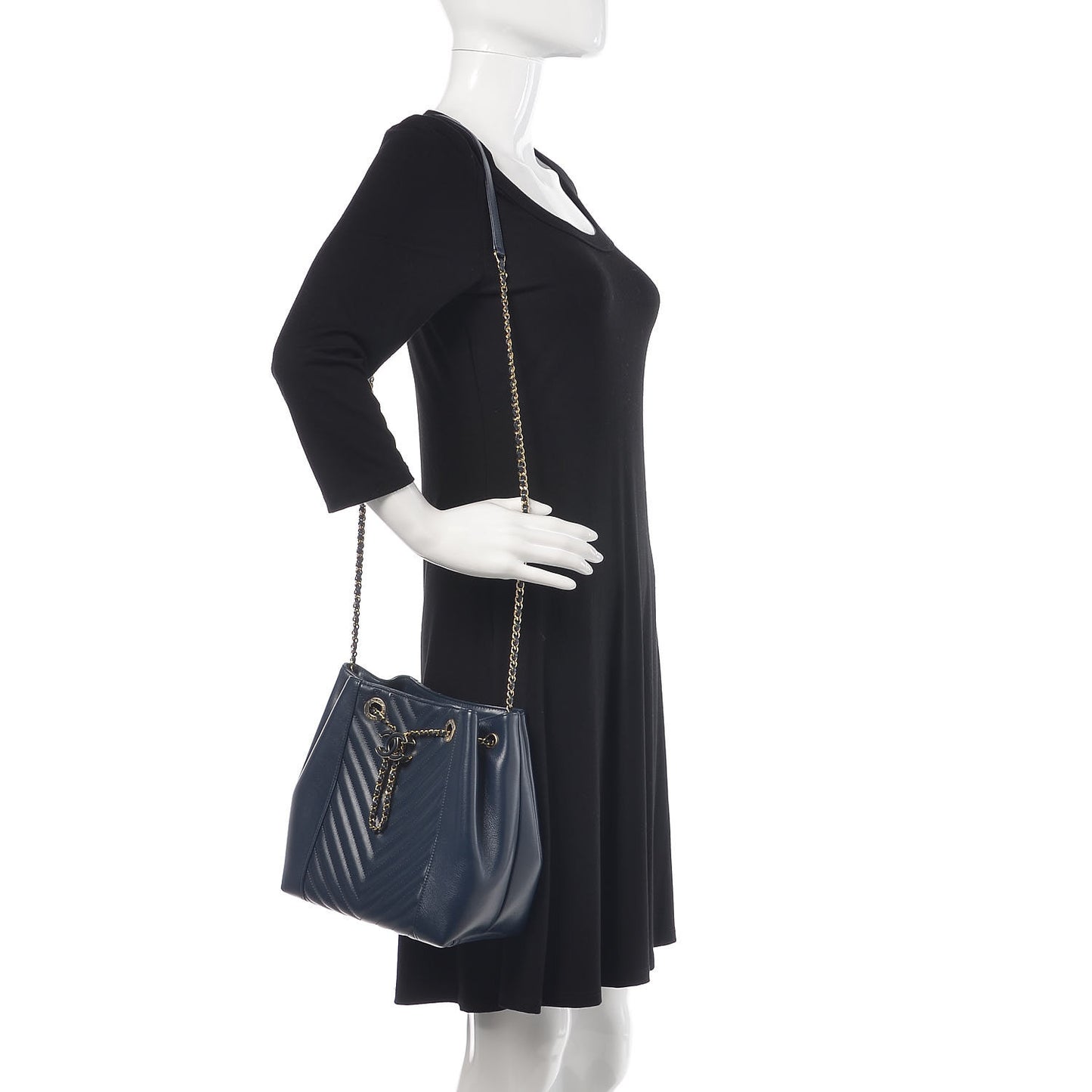 Calfskin Chevron CC Chain Bucket Drawstring Bag Navy Blue