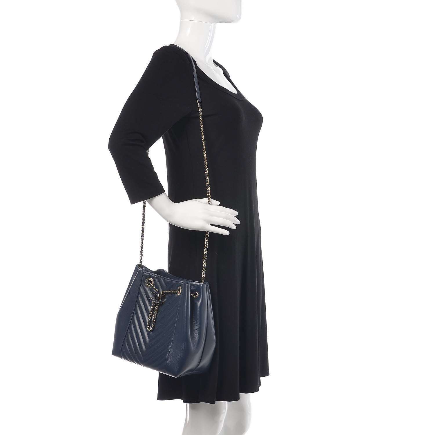 Chanel Calfskin Chevron CC Chain Bucket Drawstring Bag Navy Blue 3 of 9