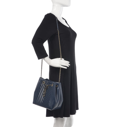Chanel Calfskin Chevron CC Chain Bucket Drawstring Bag Navy Blue 3 of 9
