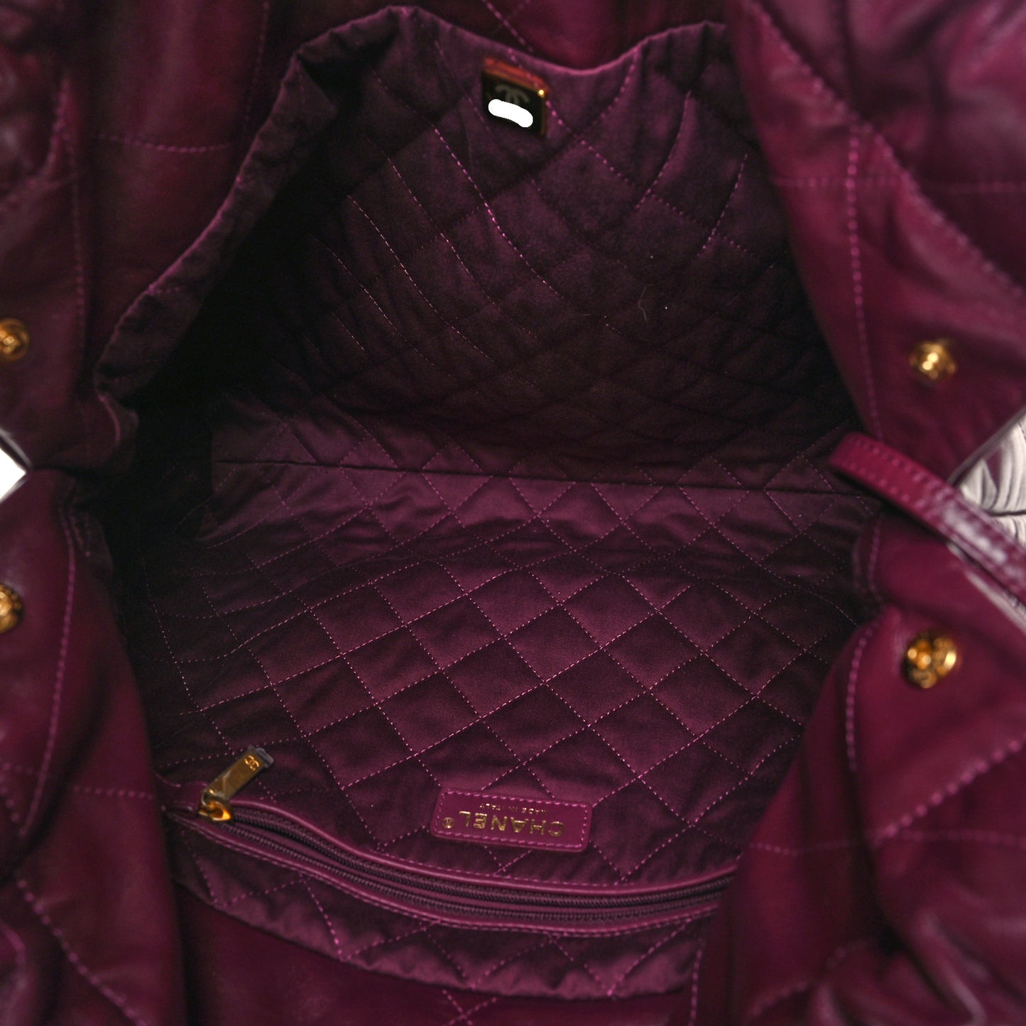 Shiny Calfskin Quilted Chanel 22 Drawstring Bag Dark Purple