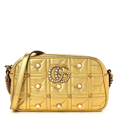 Gucci Metallic Calfskin Matelasse Studded Small Pearly GG Marmont Chain Shoulder Bag Gold 1 of 9