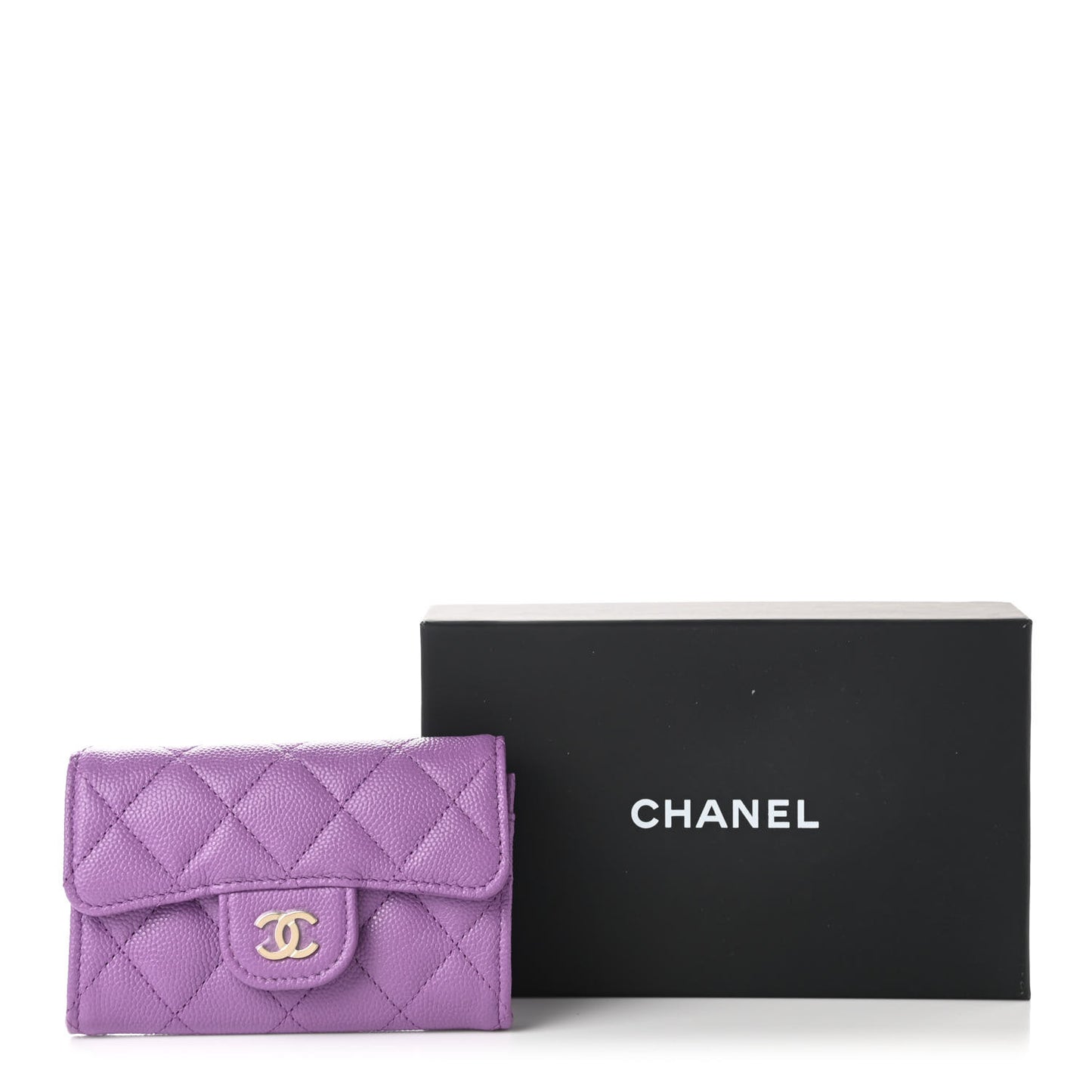 Caviar Quilted Flap Card Holder Wallet Purple