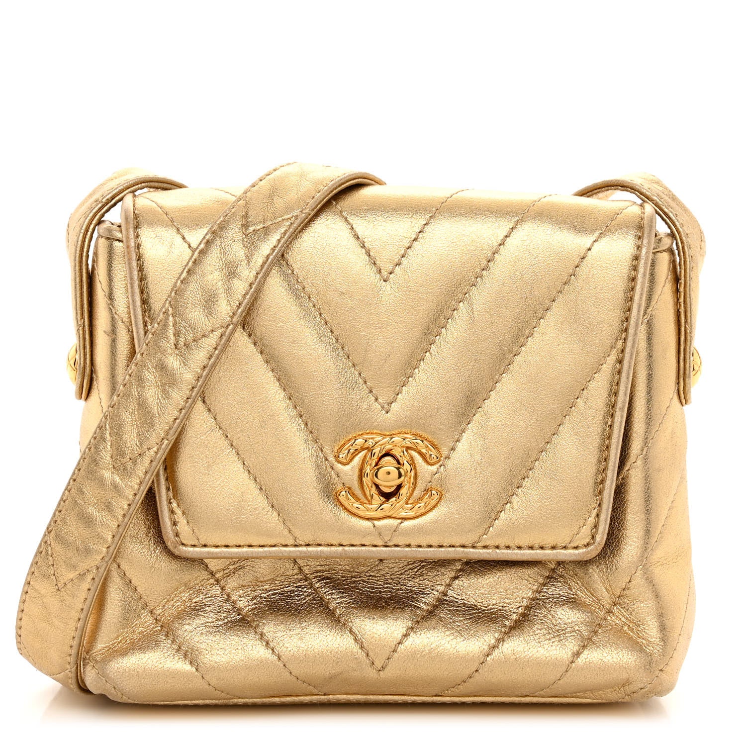 Chanel Metallic Lambskin Chevron Quilted Micro Flap Bag Gold 1 of 11