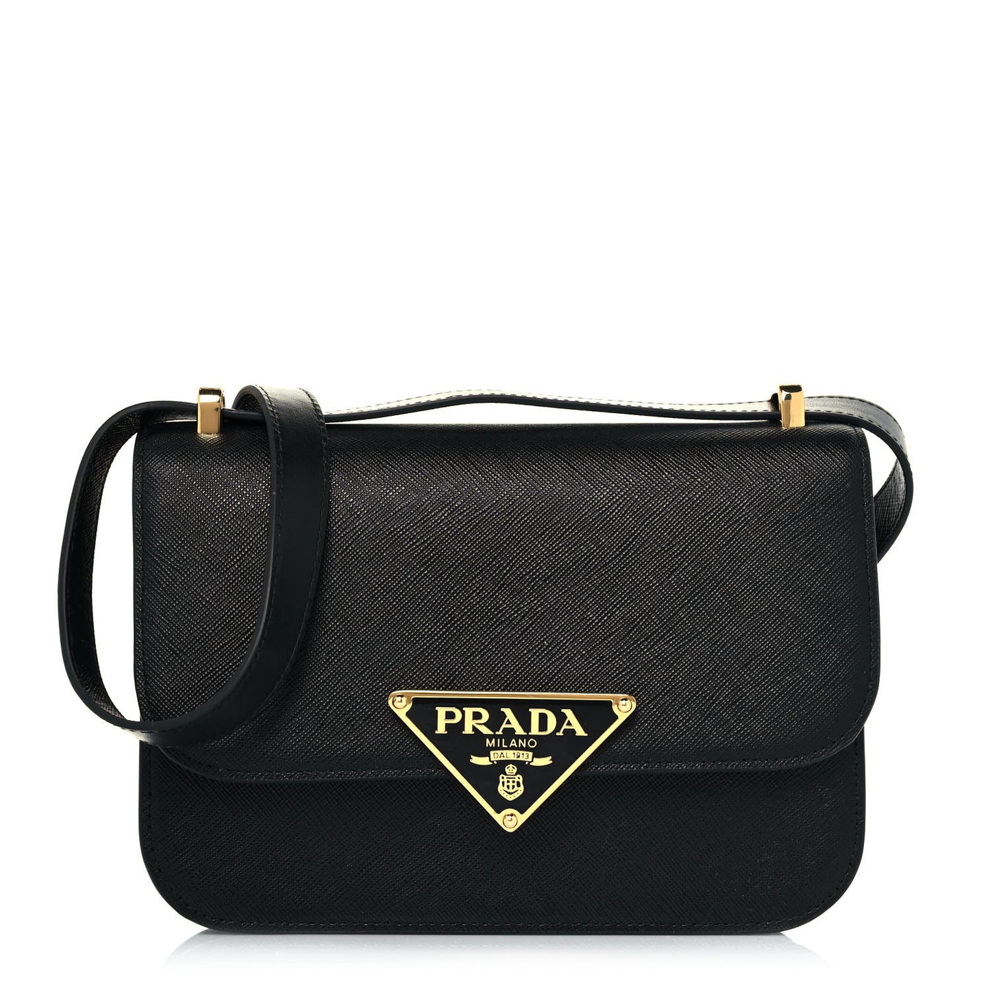 Saffiano Cuir Triangle Embleme Flap Shoulder Bag Black