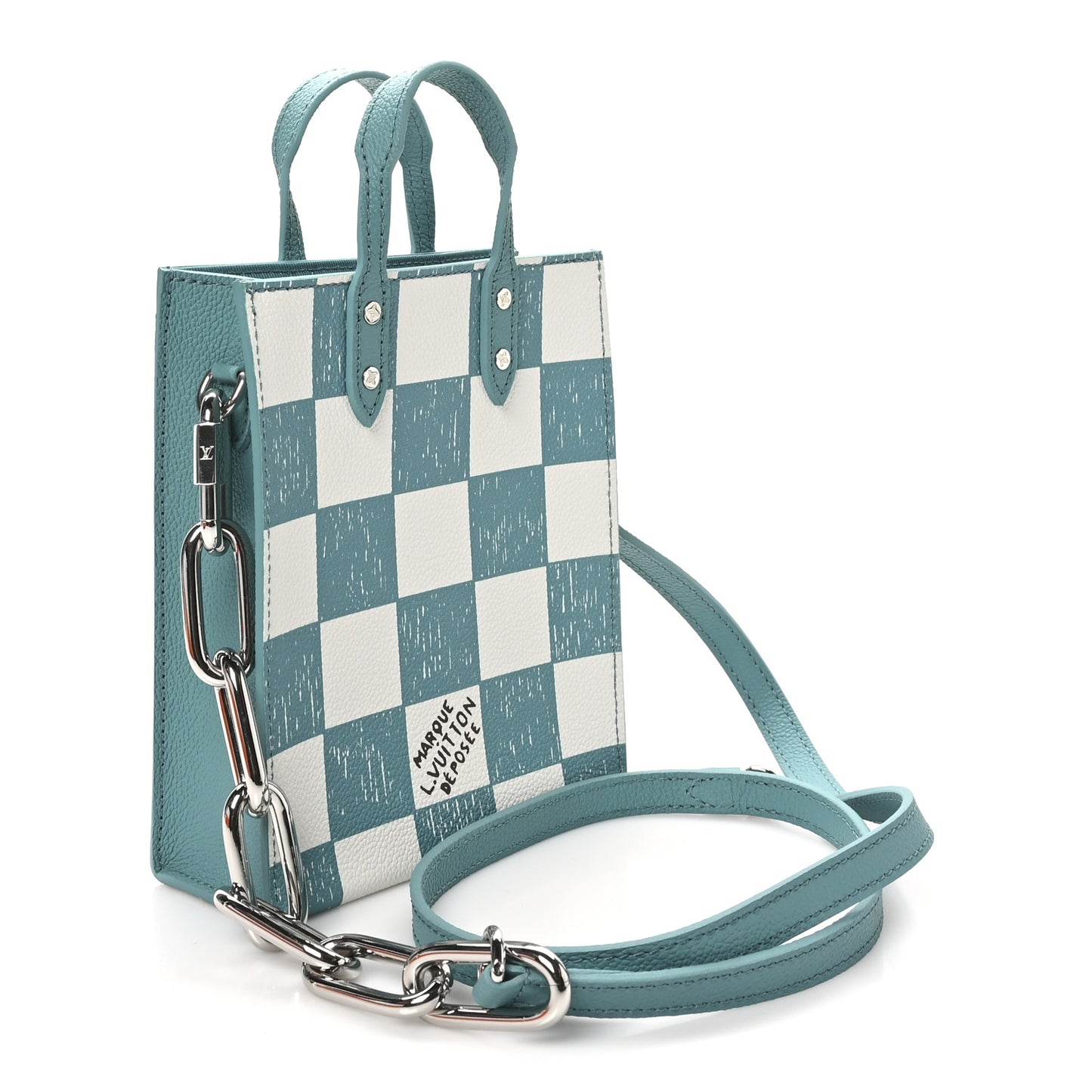 Calfskin Damier Sac Plat XS Blue Teal