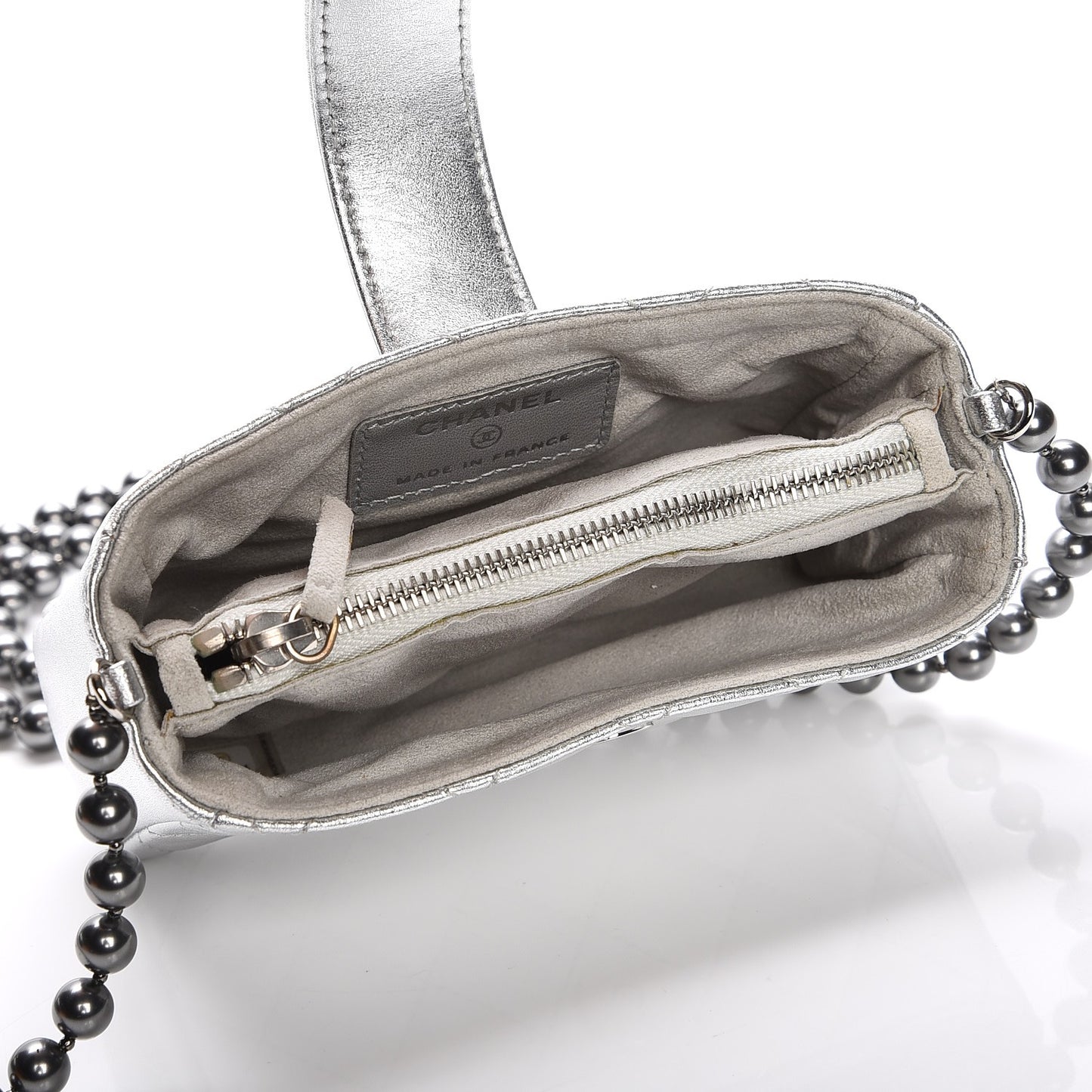 Metallic Lambskin Quilted Pearl Chain Mini Love Symbols Bag Silver