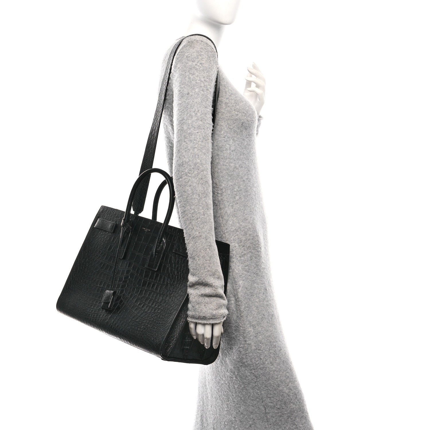 Saint Laurent Calfskin Crocodile Embossed Large Sac De Jour Carryall Black 2 of 10