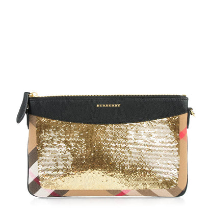 Burberry House Check Sequin Peyton Crossbody Clutch Bag Gold Black 1 of 8