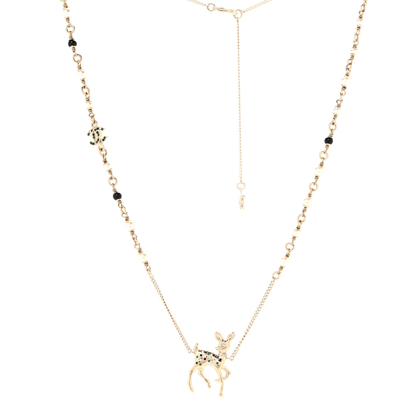 Pearl Crystal CC Deer Long Necklace Gold Green