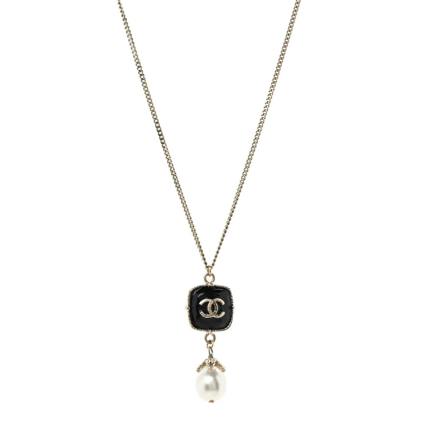 Enamel Pearl CC Drop Necklace Black Gold
