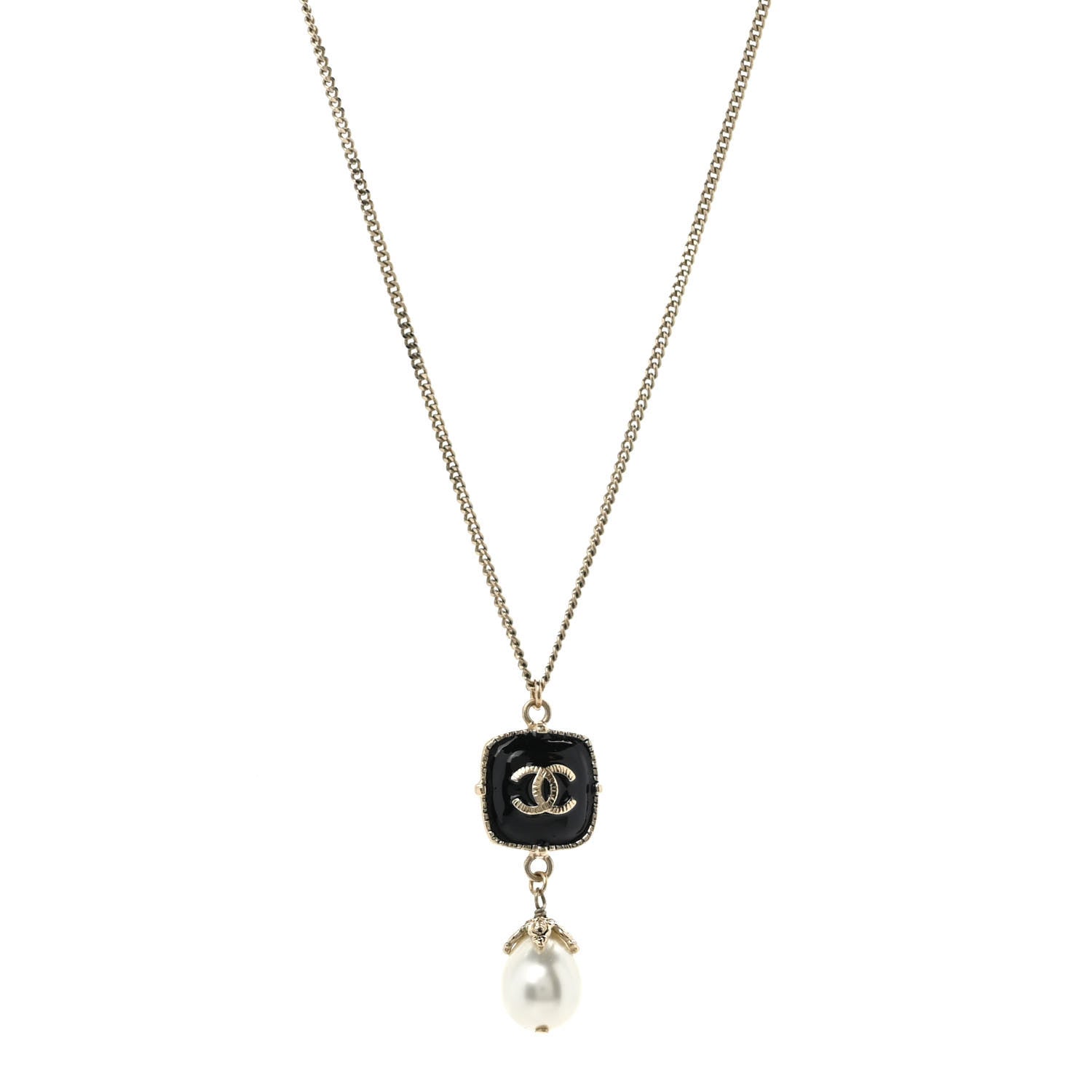 Chanel Enamel Pearl CC Drop Necklace Black Gold 1 of 6