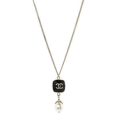 Chanel Enamel Pearl CC Drop Necklace Black Gold 1 of 6