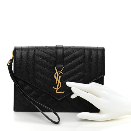 Saint Laurent Grain De Poudre Textured Mixed Matelasse Triquilt Monogram Clutch Black 3 of 8