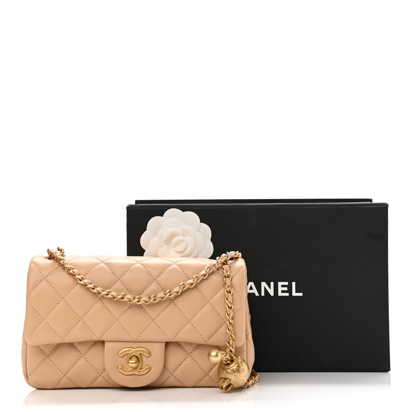Lambskin Quilted Mini Rectangular Pearl Crush Flap Beige