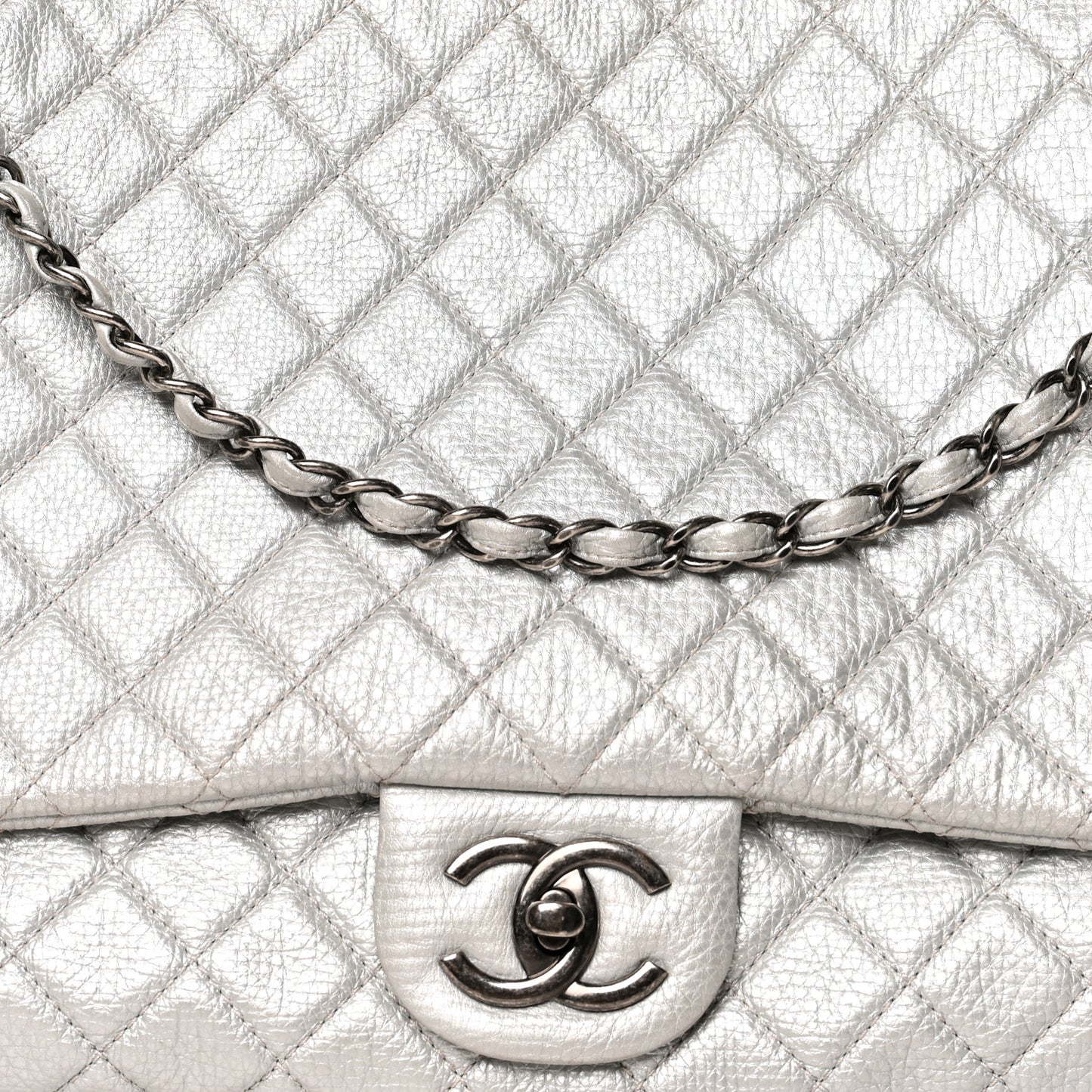 Metallic Calfskin Quilted XXL Travel Flap Bag Silver