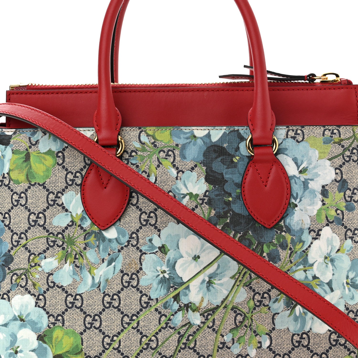 Gucci GG Supreme Monogram Blooms Medium Zip Top Tote Beige Blue Navy Hibiscus Red 7 of 9