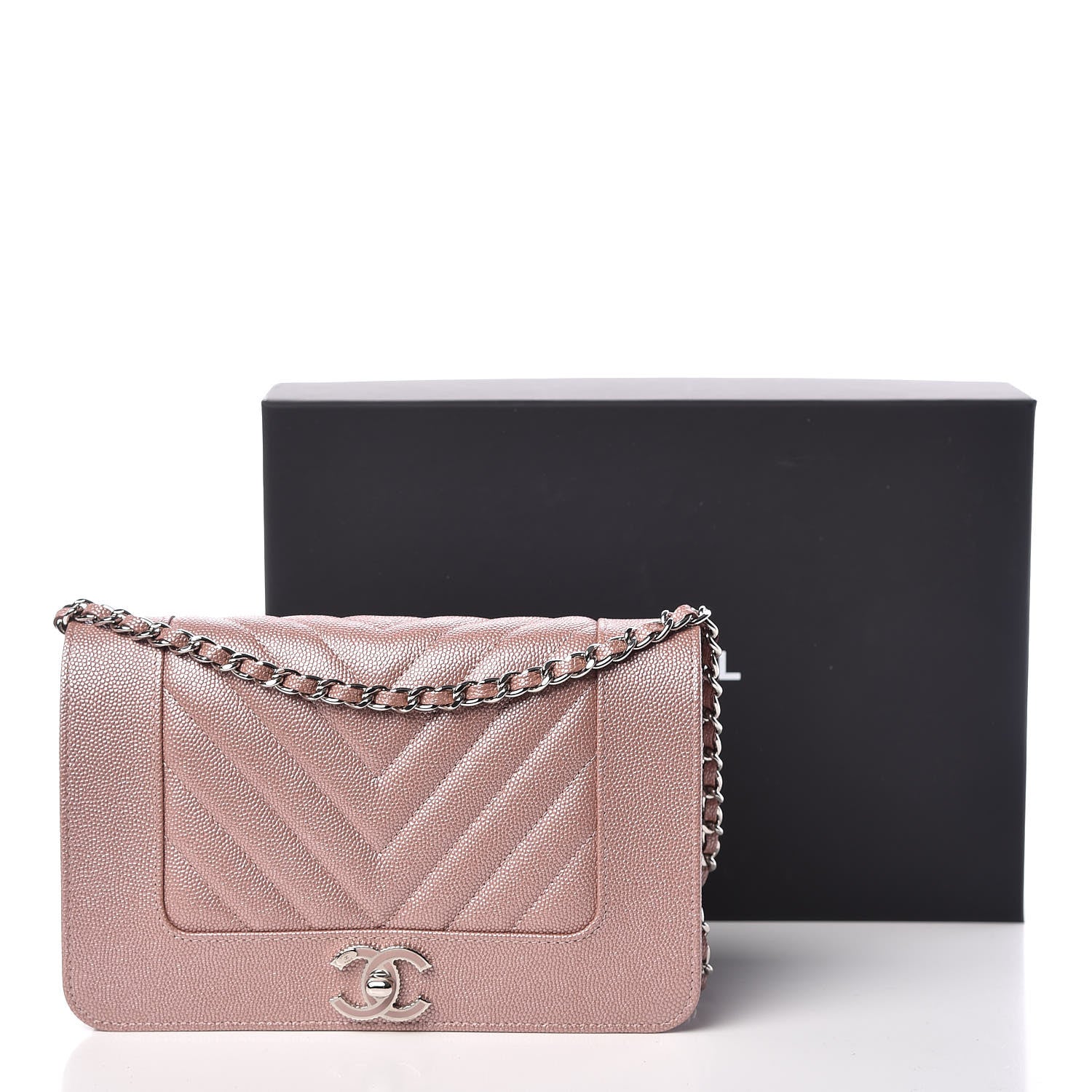Chanel Metallic Caviar Chevron Quilted Vintage Mademoiselle Wallet On Chain WOC Pink 12 of 12