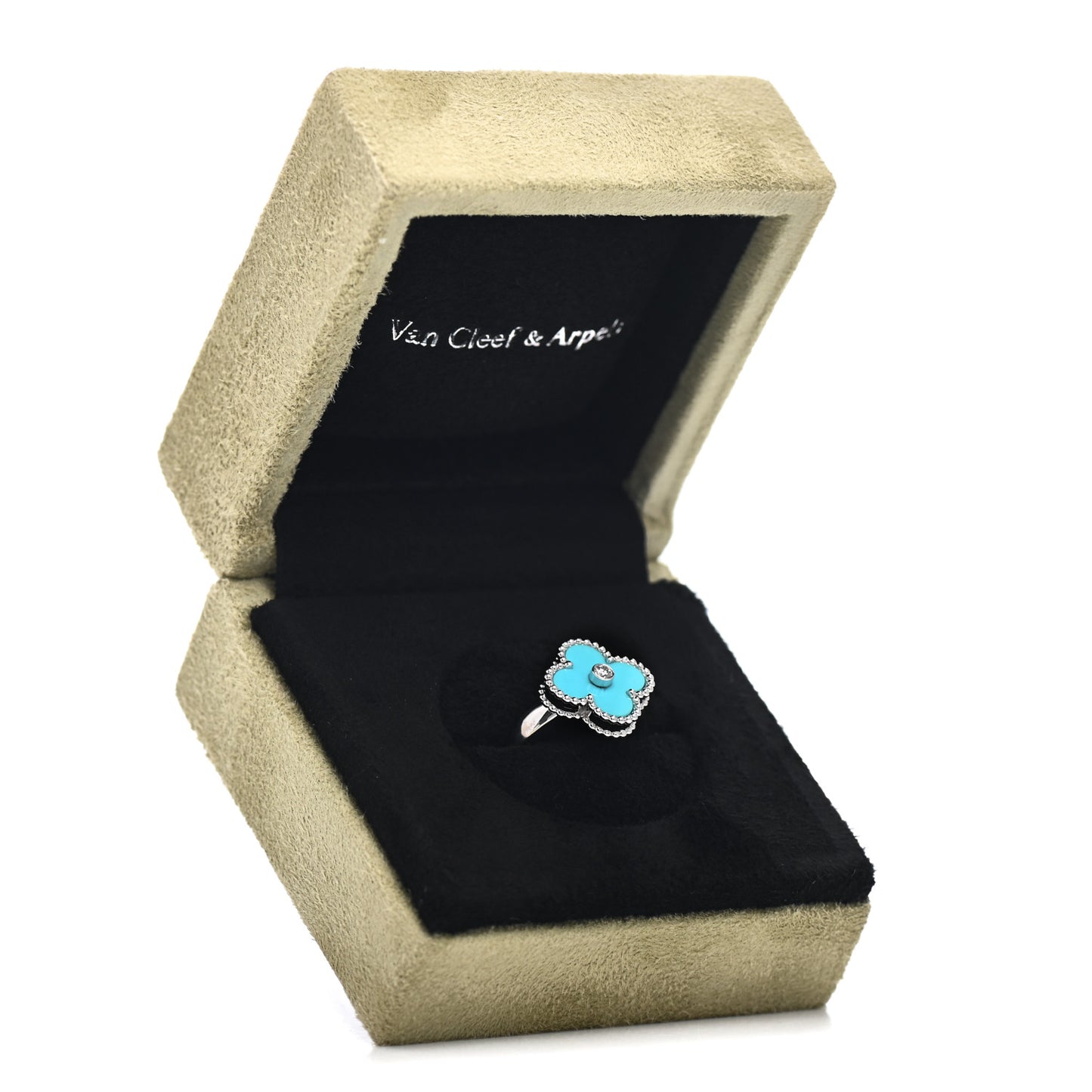 18K White Gold Diamond Turquoise Vintage Alhambra Ring 51 5.75